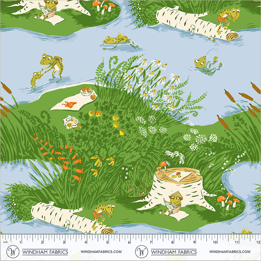 Illustration of a pond scene with frogs, plants, and logs. Heather Ross Favorites | Windham Fabrics | Frog Pond - Medium Blue