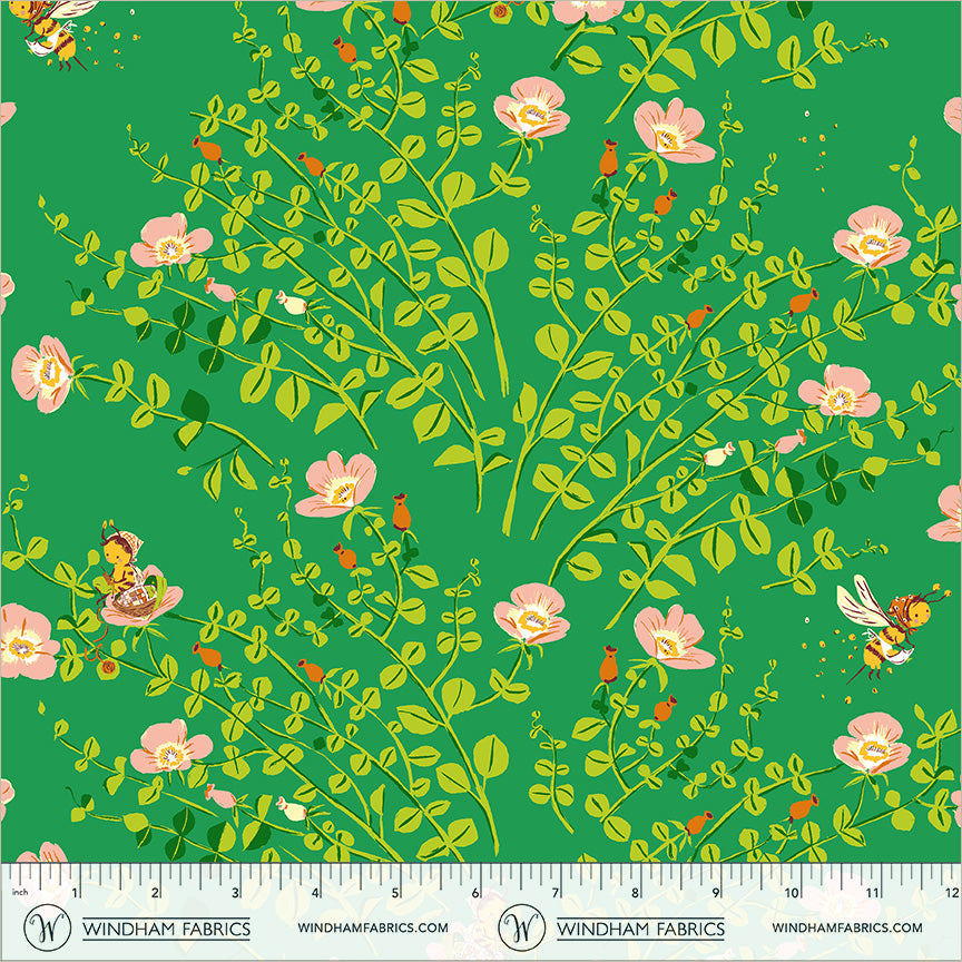 Floral pattern with pink flowers and green leaves on a green background | Heather Ross Favorites | Windham Fabrics | Nanny Bee - Jade