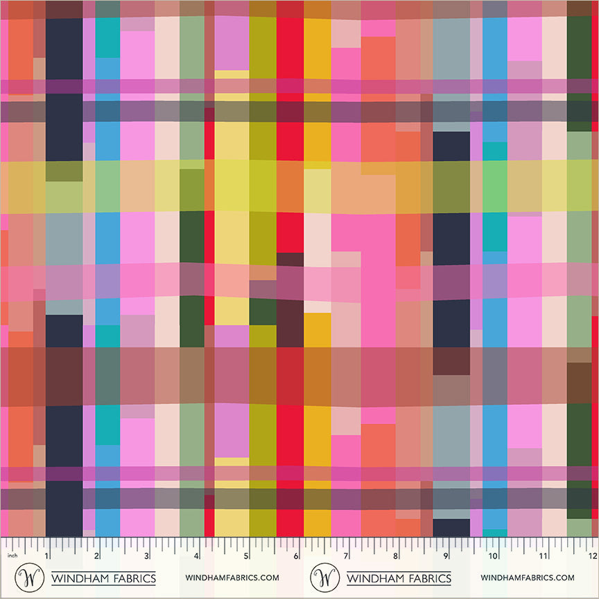 A colorful abstract plaid pattern made of pixel-like vertical and horizontal stripes in pink, yellow, blue, green, orange, red, and brown tones. Happy Place | Annabel Wrigley | Passage - Multi