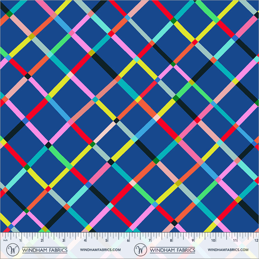 A repeating geometric pattern of intersecting diagonal lines forming a diamond lattice on a dark blue background, with multiple bright accent colors including pink, yellow, green, orange, red, black, and light blue. Happy Place | Annabel Wrigley | Crossing - Majorelle Blue