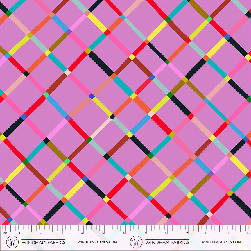 A repeating geometric plaid pattern with diagonal stripes in pink, red, yellow, teal, brown, black, and beige over a light purple background. Happy Place | Annabel Wrigley | Crossing - Fairy Floss