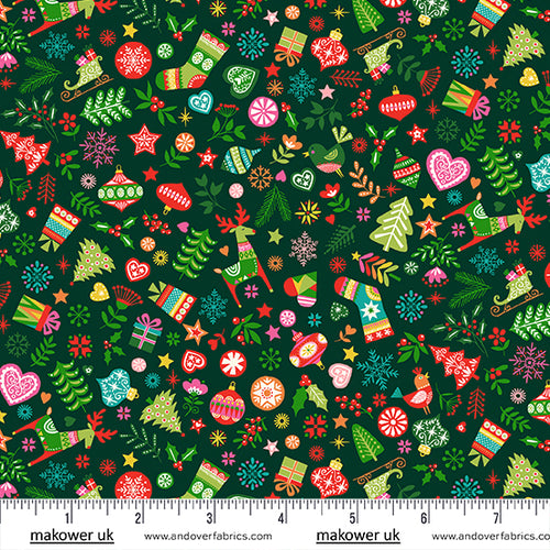 Christmas Brights | Makower UK | Ornaments - Green | Andover Fabrics