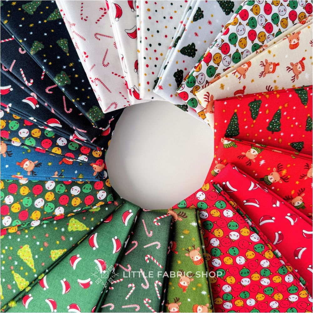 A circular arrangement of folded fabric pieces in assorted Christmas patterns, including red with white polka dots, green with candy canes, blue with holiday motifs, and white with red accents, displayed on a light gray background. A watermark reading 'A LITTLE FABRIC SHOP' is visible near the bottom.