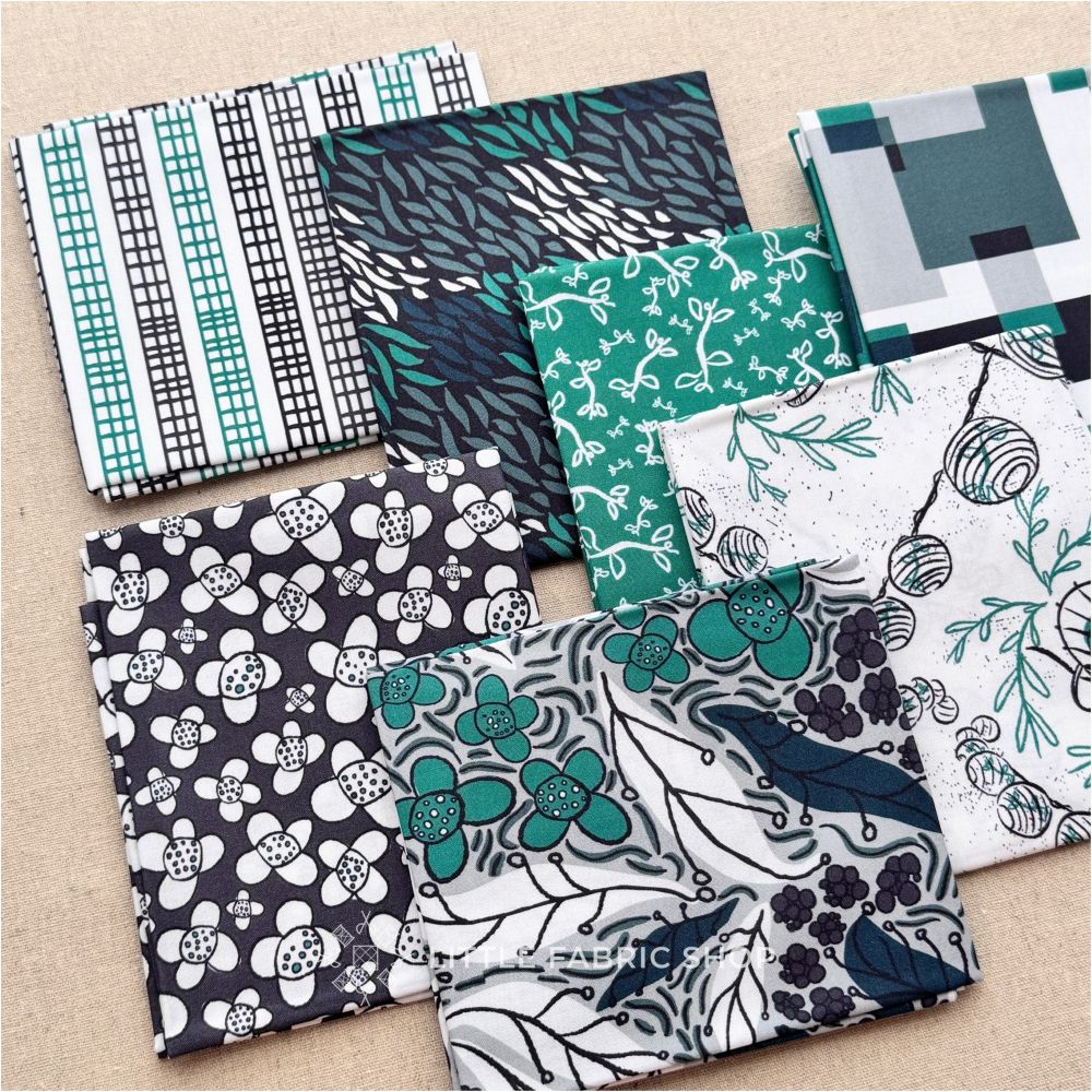 Collection of fabric swatches with various patterns on a beige background. Celebrate | Tracey Wirth Designs | Fat Quarter Bundle