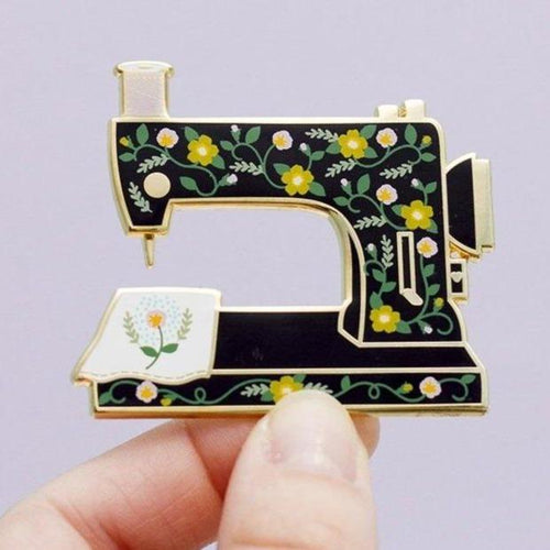 Interactive Floral Sewing Machine in Black Enamel Pin | The Gray Muse