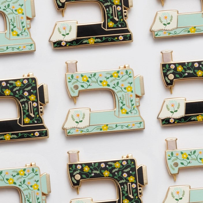 Interactive Floral Sewing Machine in Black Enamel Pin | The Gray Muse