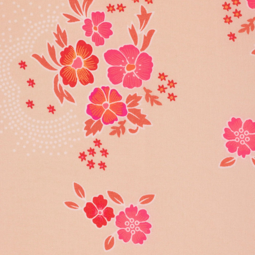 A folded cotton endust fabric bundle with a floral cherry blossom pattern in pink, red, and white on a light beige background, wrapped with a light blue paper band labeled 'Petit Pan'. Oilcloth Coupon | Petit Pan | Folksy Ecru