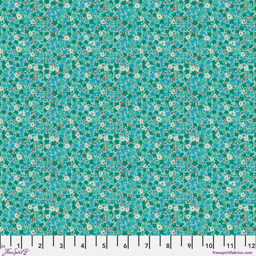 Pattern of small flowers in green and white on a blue background | Petite Prints | August Ellery | Ditsy - Mint