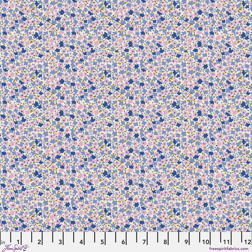 Small floral pattern with blue and pink flowers on a light purple background | Petite Prints | August Ellery | Ditsy - Periwinkle