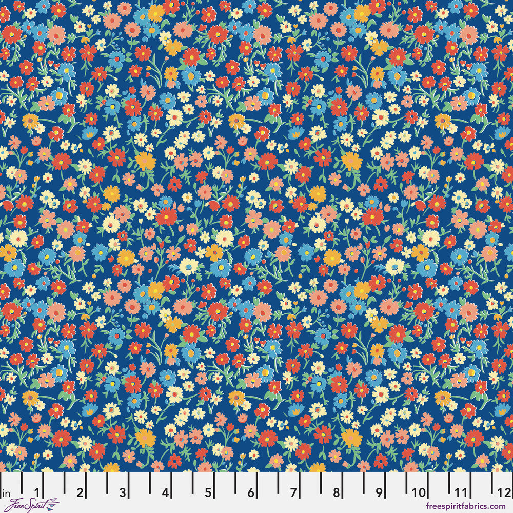 Pattern of small flowers in red, orange, yellow, and white on a blue background | Stannie & Lloyd | August Ellery | Curtsey and Clover - Dusk