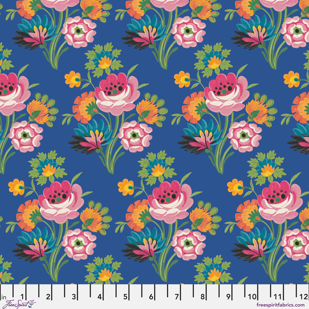 Colorful floral pattern on a blue background | 
Stannie & Lloyd | August Ellery | Spilled Tea - Delft
