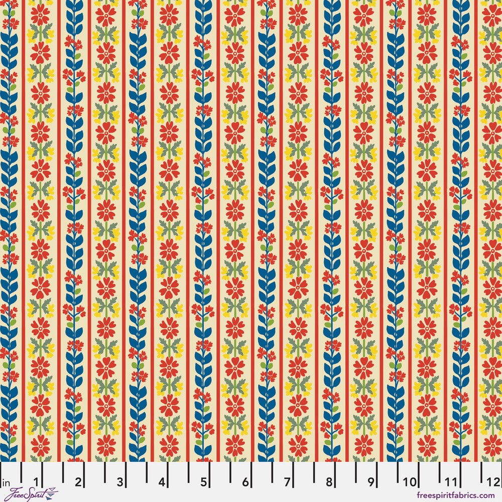 Colorful floral pattern with vertical stripes on a red background | Stannie & Lloyd | August Ellery | Stripe - Tea
