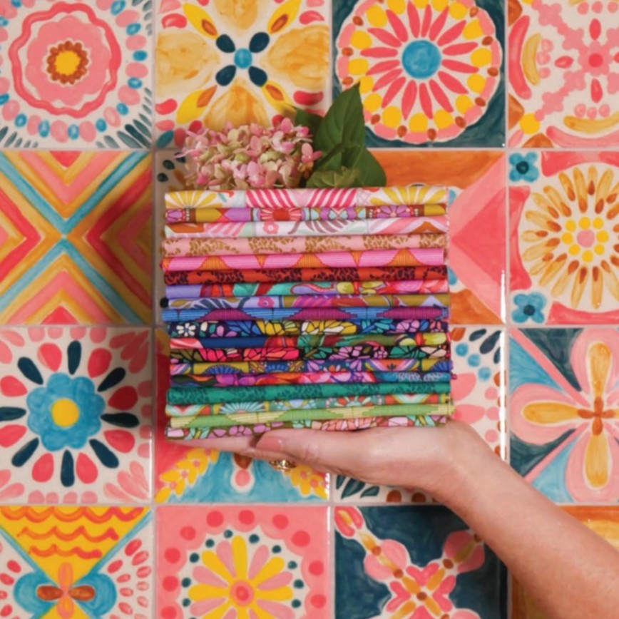 Colorful patchwork fabric swatch with various patterns | Rhapsody | Anna Maria Textiles | Fat Quarter Bundle