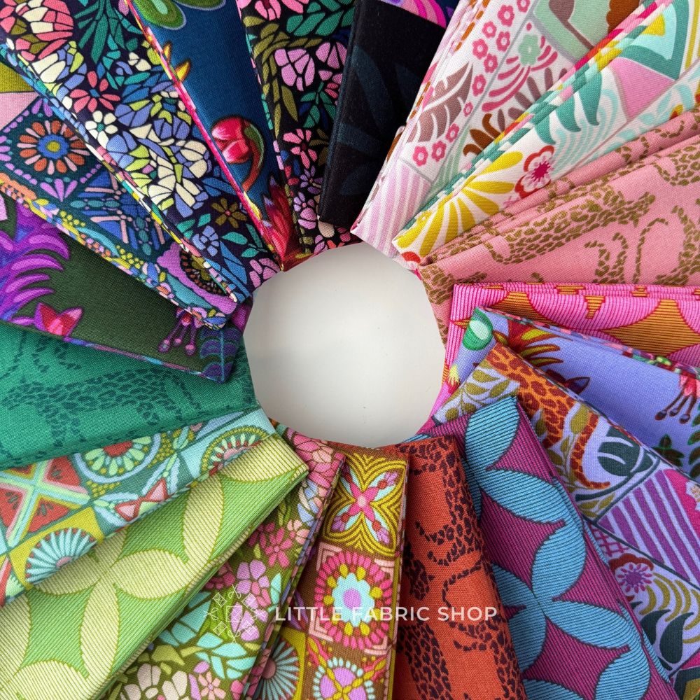 A circular arrangement of colorful patterned fabric swatches fanned out on a white background, with a small watermark reading 'LITTLE FABRIC SHOP' near the bottom. Rhapsody | Anna Maria Textiles | Half Yard Bundle
