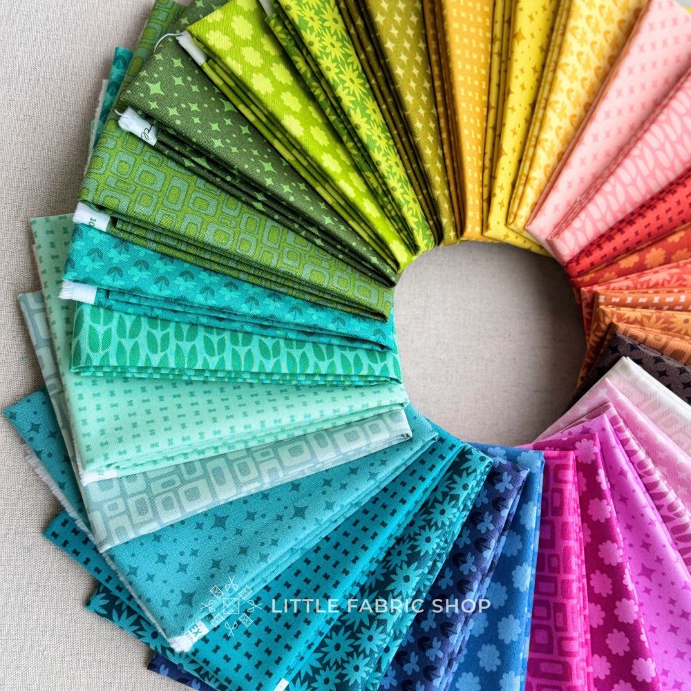 Circular arrangement of colorful fabric swatches with 'Little Fabric Shop' branding. Scenery | Elizabeth Hartman | Fat Quarter Bundle