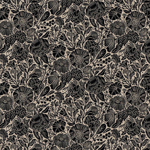 In the Dawn | Cotton Linen Canvas | Large Flowers - Black | Elise Young | FIGO Fabrics