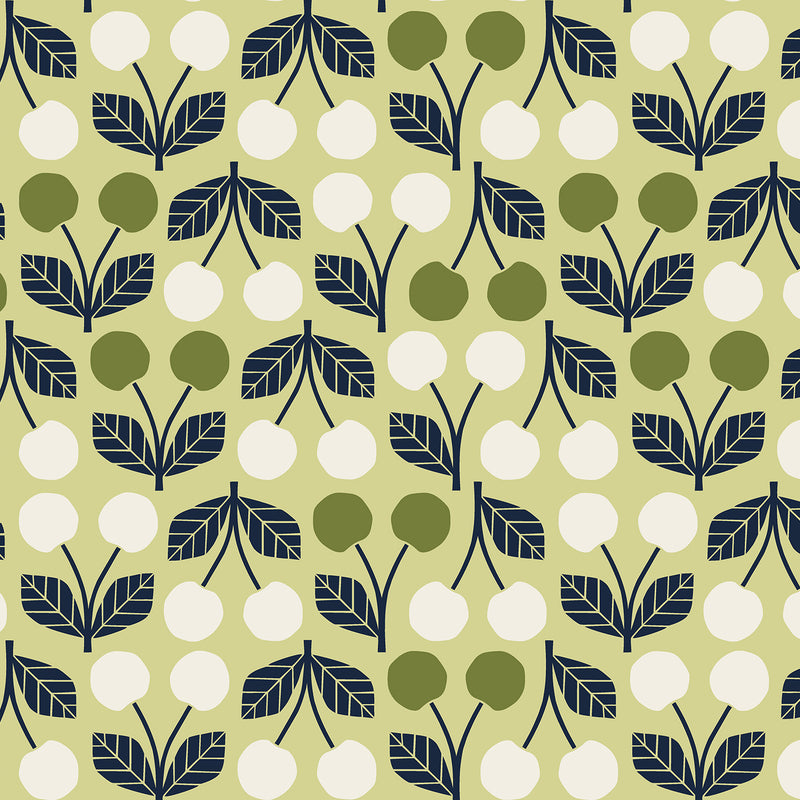 Cherry - Olive Green Fabric | Under the Apple Tree | Loes van Oosten | Cotton + Steel